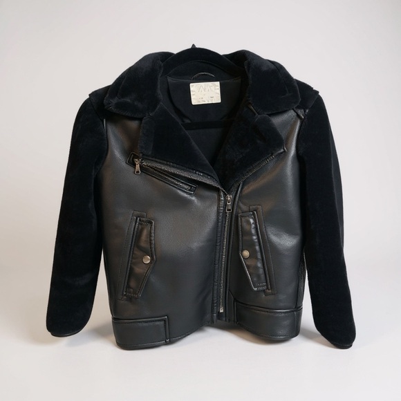 ZARA kids FAUX Vegan Sherling Moto Coat Size 8 Black - Picture 1 of 7